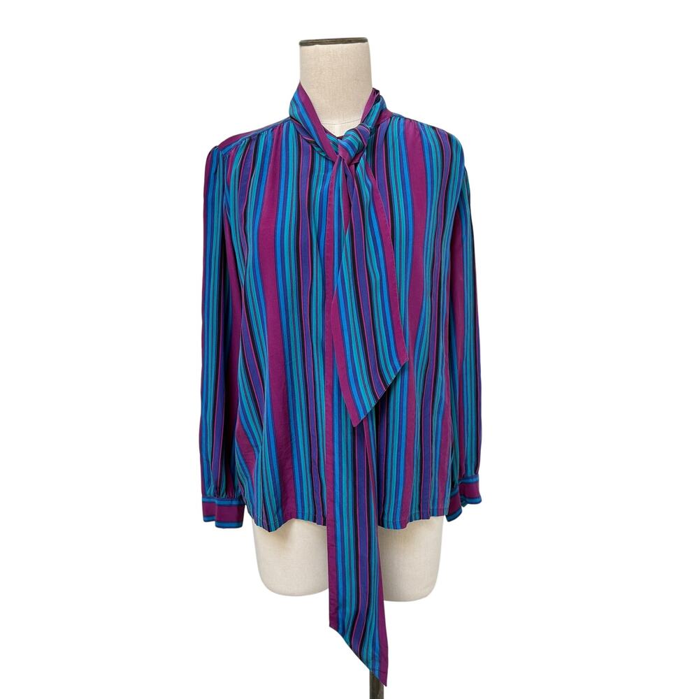 RARE Louis Feraud Paris Vintage VTG Stripe Silk Blouse Tie-Neck 80s